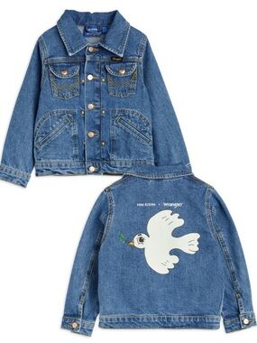 Mini Rodini Blue Denim Jacket with White Dove Back Print sz 3-5years